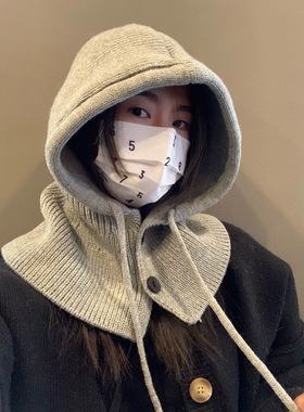 韩国巴拉克拉法帽子女冬季保暖帽子围脖一体情侣款护耳毛线针织帽