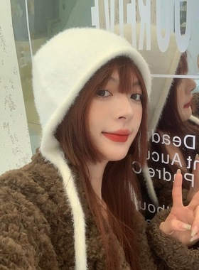 甜美可爱毛线帽女秋冬百搭保暖护耳系带帽开叉显脸小针织包头帽子