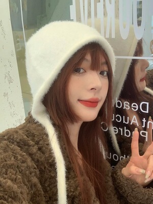 甜美可爱毛线帽女秋冬百搭保暖护耳系带帽开叉显脸小针织包头帽子