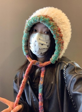 手工大头围毛绒针织帽子女2023新款秋冬加厚保暖毛线帽显脸小白色