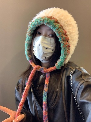 手工大头围毛绒针织帽子女2023新款秋冬加厚保暖毛线帽显脸小白色