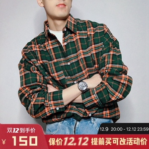 格子衬衫男长袖春秋日系2022潮秋装男友宽松港风加肥加大衬衣外套