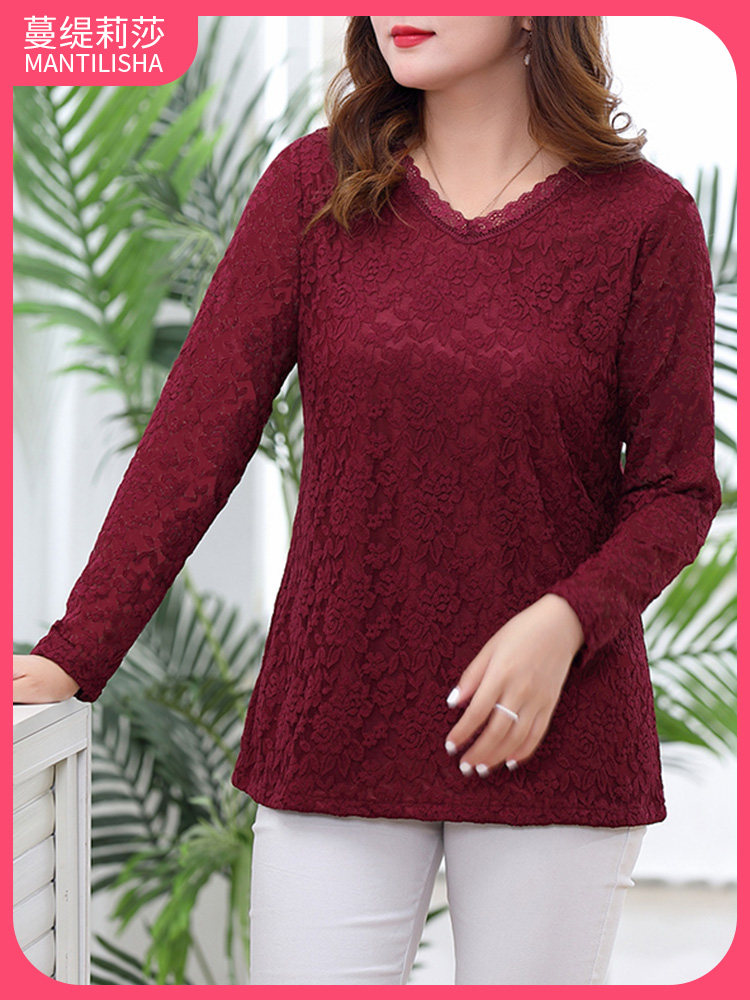 蔓缇莉莎特大码女装加绒蕾丝打底衫女宽松显瘦洋气妈妈上衣200斤