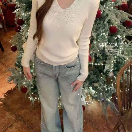 SEE YOU-约会战袍Get轻熟风丨冬气质烫钻闪亮修身打底针LC327