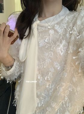 柠檬绿茶-2026早春～法式重工亮片流苏蕾丝小衫TM-1308