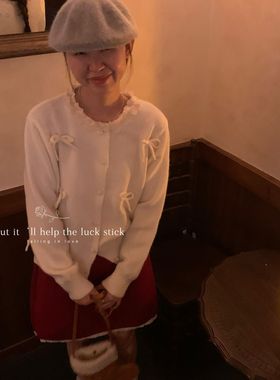 peanut花生家-玫瑰之夜立体蝴蝶结拼花边保暖毛衣1280