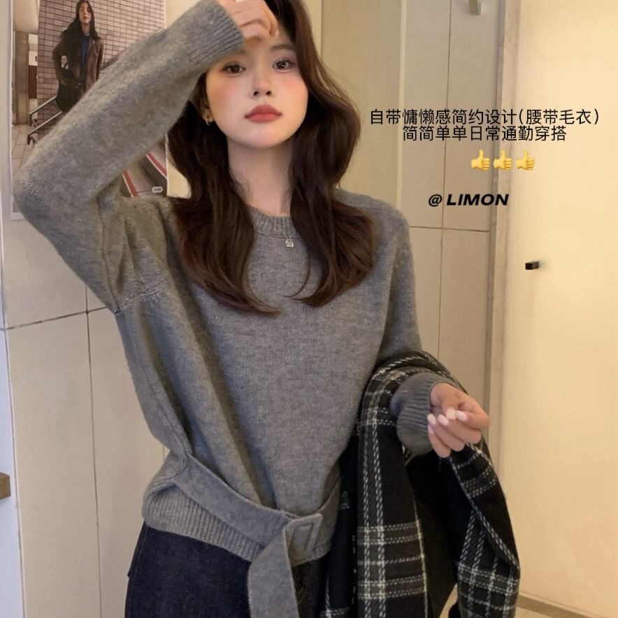 柠檬绿茶-柔软梦境｜圆领棉羊绒设计感腰带针织衫00-6892