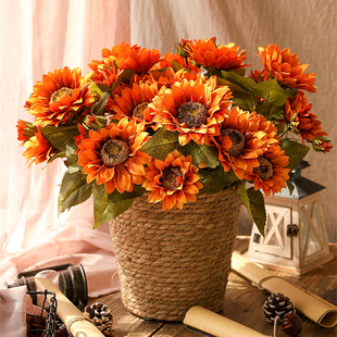 9头油画仿真向日葵花束 欧式假花绢花装饰花客厅摆放花卉大朵混色