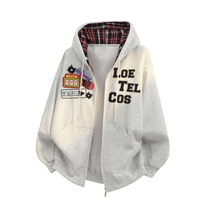 SMILE ISLAND 国潮复古卡通涂鸦拼接撞色经典开衫拉链连帽卫衣