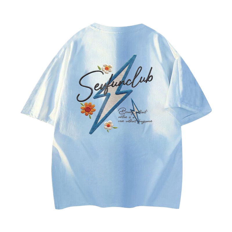 美式仿刺绣闪电字母印花植物花卉纯棉短袖T恤