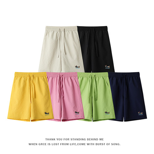 多巴胺风刺绣运动短裤男女宽松五分裤速干休闲沙滩裤