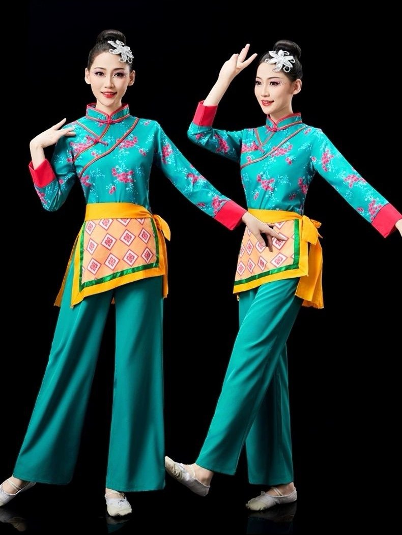 秧歌服女新款中国风采茶舞蹈演出服伞舞广场扇子舞喜庆表演服装