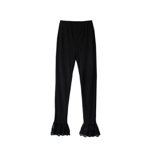 百搭女装高腰大码裤子弹力休闲打底黑色长裤蕾丝花边脚口或扣眼边