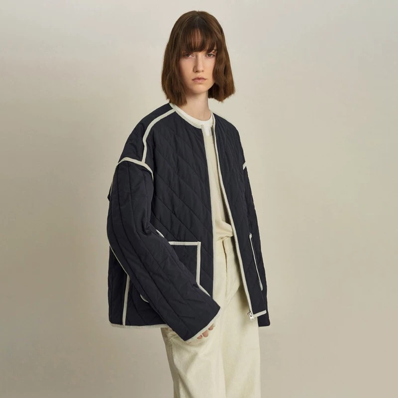 时髦小众设计气质通勤高级感撞色包边宽松绗缝圆领棉服棉衣外套