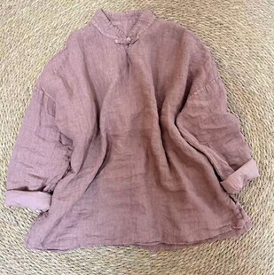 文艺复古风长65 纯欲风双层亚麻衬衫 胸围130 立领绣线盘扣衫 新中式