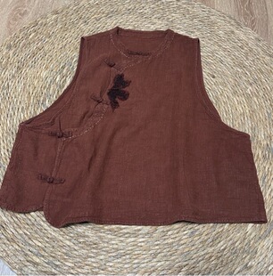 春秋新款 长60胸围132 炒色做旧贴布复古斜襟休闲麻马夹