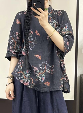 夏季新款苎麻复古盘扣新中式风格穿搭衬衫女上衣长65 胸围128