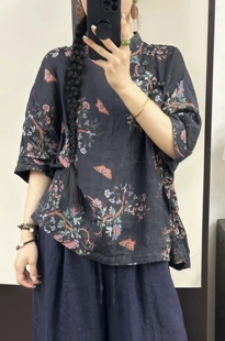 夏季新款苎麻复古盘扣新中式风格穿搭衬衫女上衣长65 胸围128