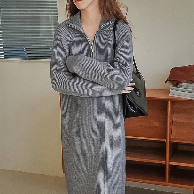 韩版慵懒风翻领宽松过膝毛衣裙女秋冬针织连衣裙中长款休闲直筒裙