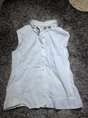 Eva Ouxiu/伊华欧秀翻领衬衣领白色女士长款衬衣百搭无袖衬衫c11