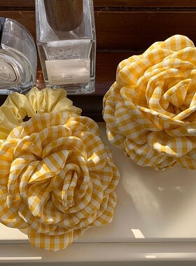 格纹黄色玫瑰花精致抓夹简约发抓高级鲨鱼夹气质韩国发饰头饰发夹