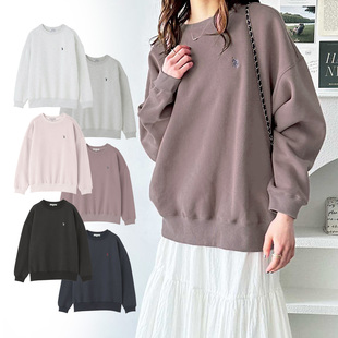 出口日本外贸秋冬女装柔软宽松休闲纯色胸刺绣内刷绒圆领长袖卫衣