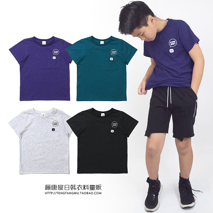 出口韩国男女童夏季纯棉简约大气口袋字母印花机器人圆领短袖T恤