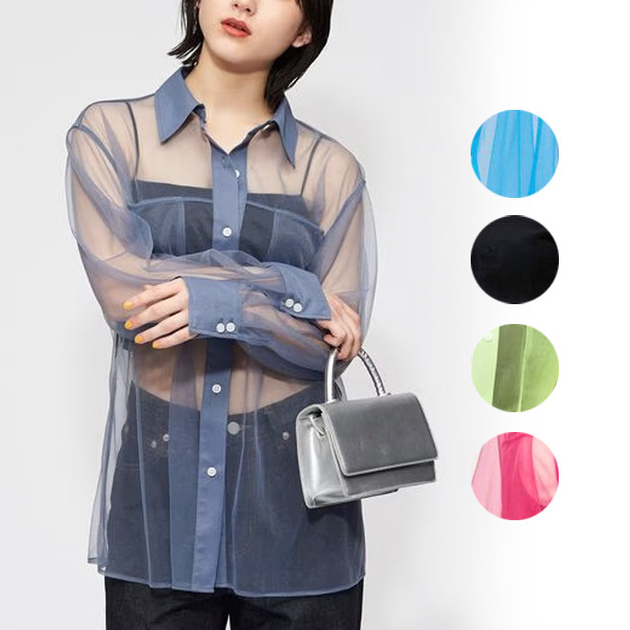 出口日本外贸夏季女装时尚百搭性感可爱糖果色透明长袖翻领衬衫