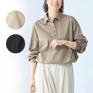 出口日本外贸春夏女装宽松下摆抽绳套头翻领钮扣长袖上衣POLO衫