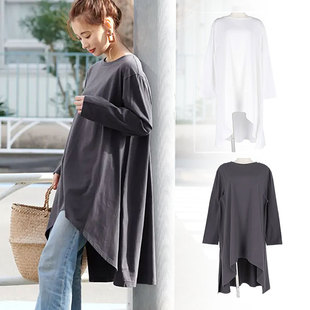 出口日本外贸春秋女装 纯棉立体剪裁宽松随意侧开杈圆领T恤中长款