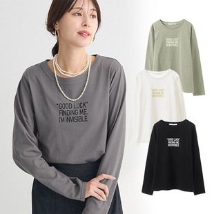 出口日本外贸春秋女纯棉柔顺胸前小字母印花简洁百搭长袖圆领T恤