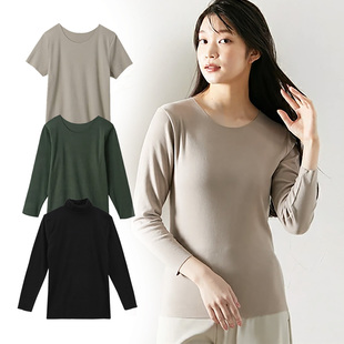 打底衣 长袖 出口日本女装 外贸秋冬轻盈保暖双面拉绒圆领中高领短袖