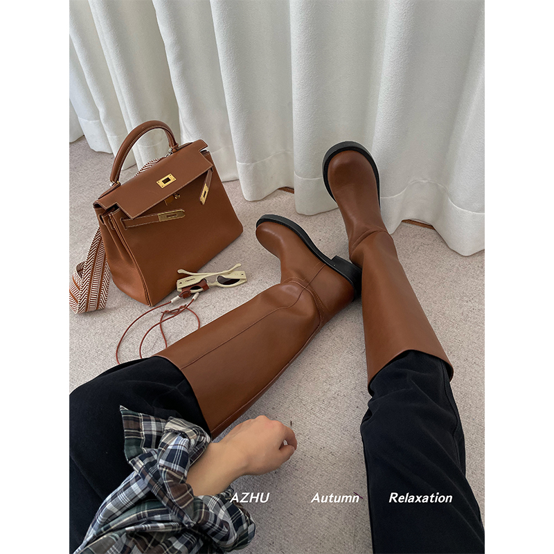 AZHU真皮长筒靴女秋冬新