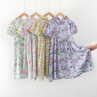 女童裙子中大童棉绸中国风碎花短袖裙小女孩夏季薄款人造棉连衣裙