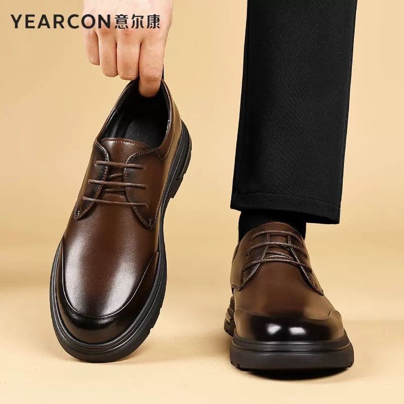 意尔康皮鞋男系带德比鞋男士商务正装休闲鞋2026春季新款棕色男鞋