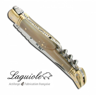 法国Laguiole拉吉奥乐不锈钢折叠刀 棕牛角刀柄黄铜端头 带开瓶器