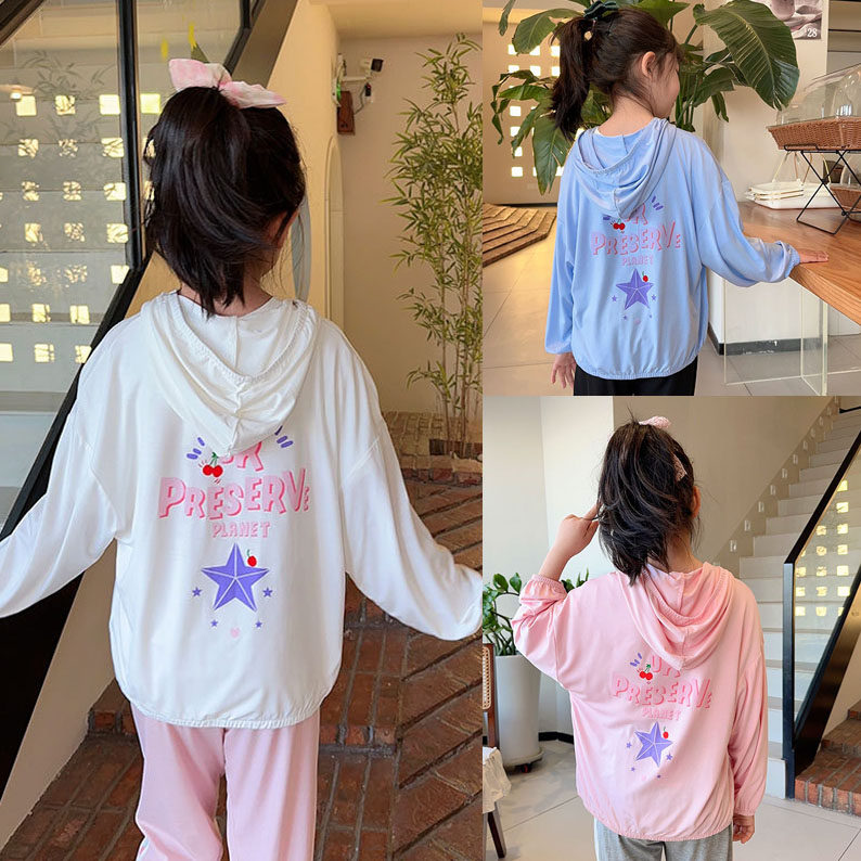 自留款110-160夏季女童印花莫代尔棉宽松拉链连帽儿童防晒衣透气