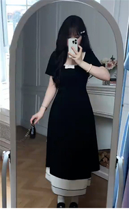 黑色法式连衣裙女夏2024新款小个子微胖遮肉显瘦简单大方得体长裙