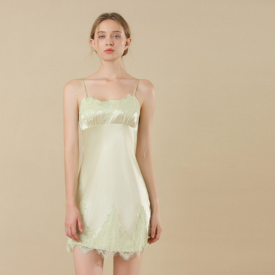真丝睡衣女夏100%重磅桑蚕丝绸性感修身吊带睡裙薄荷绿气质家居服