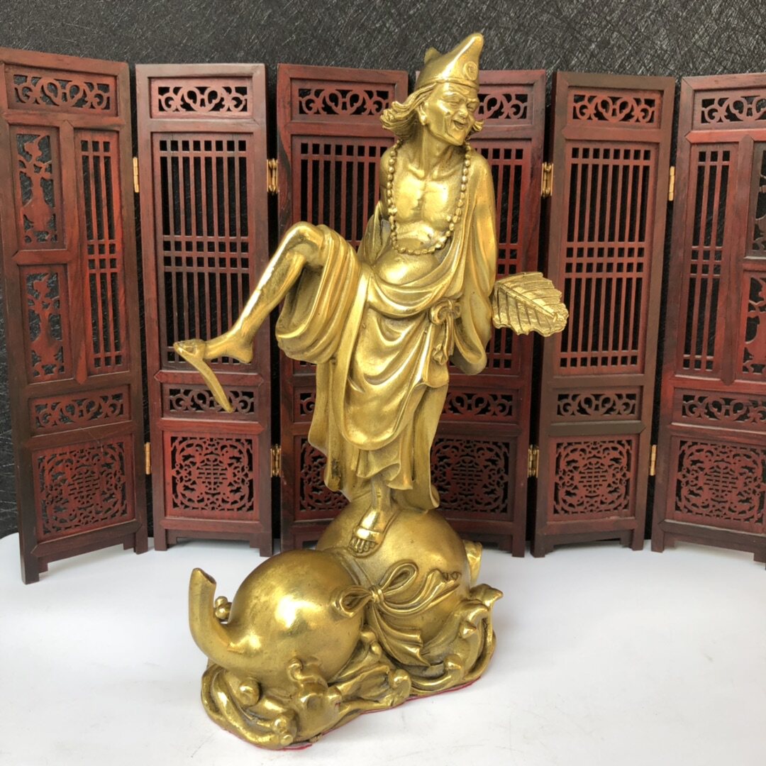 纯铜活佛济公铜像道济和尚济癫师傅工艺品摆件踩葫芦平安吉祥笑佛