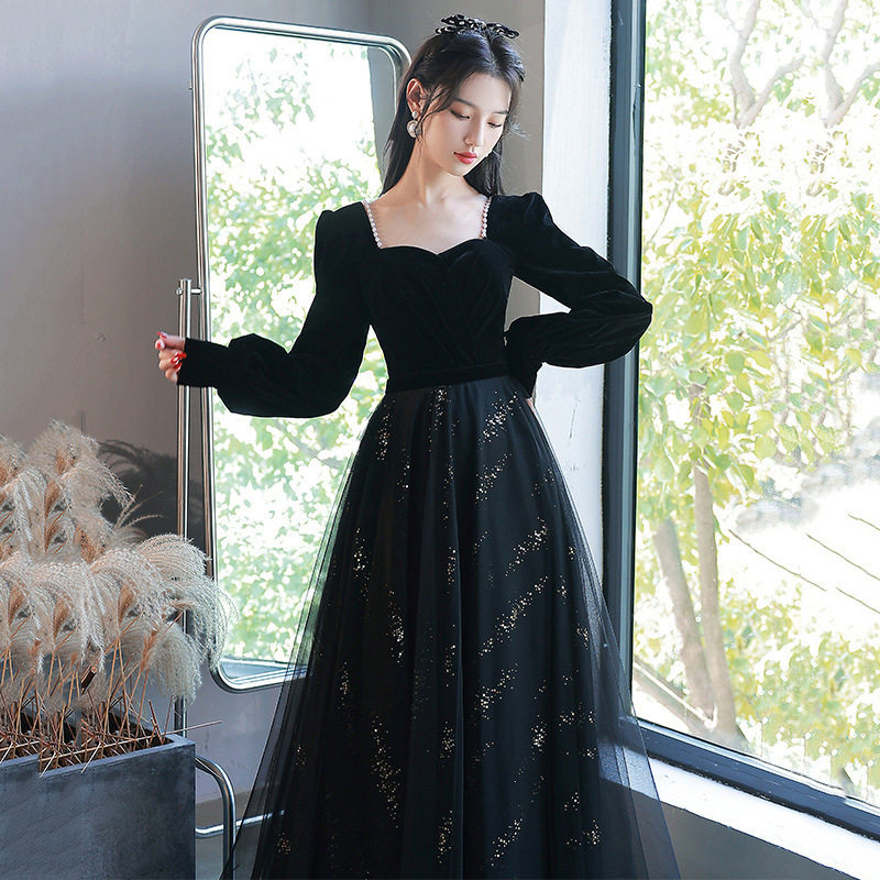 黑色晚礼服裙女2023新款秋冬宴会气质名媛艺考连衣裙长袖年会礼服