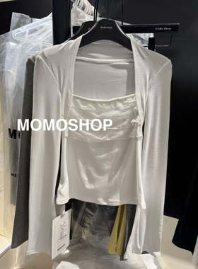 26026春季新款法式纯欲假两件蕾丝拼接打底衫修身垫肩上衣潮