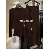 新款 气质褶皱开叉磨毛长袖 T恤高腰阔腿微喇裤 2025冬季 两件套装 潮