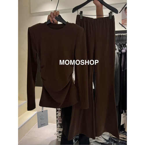 2025冬季新款气质褶皱开叉磨毛长袖T恤高腰阔腿微喇裤两件套装潮