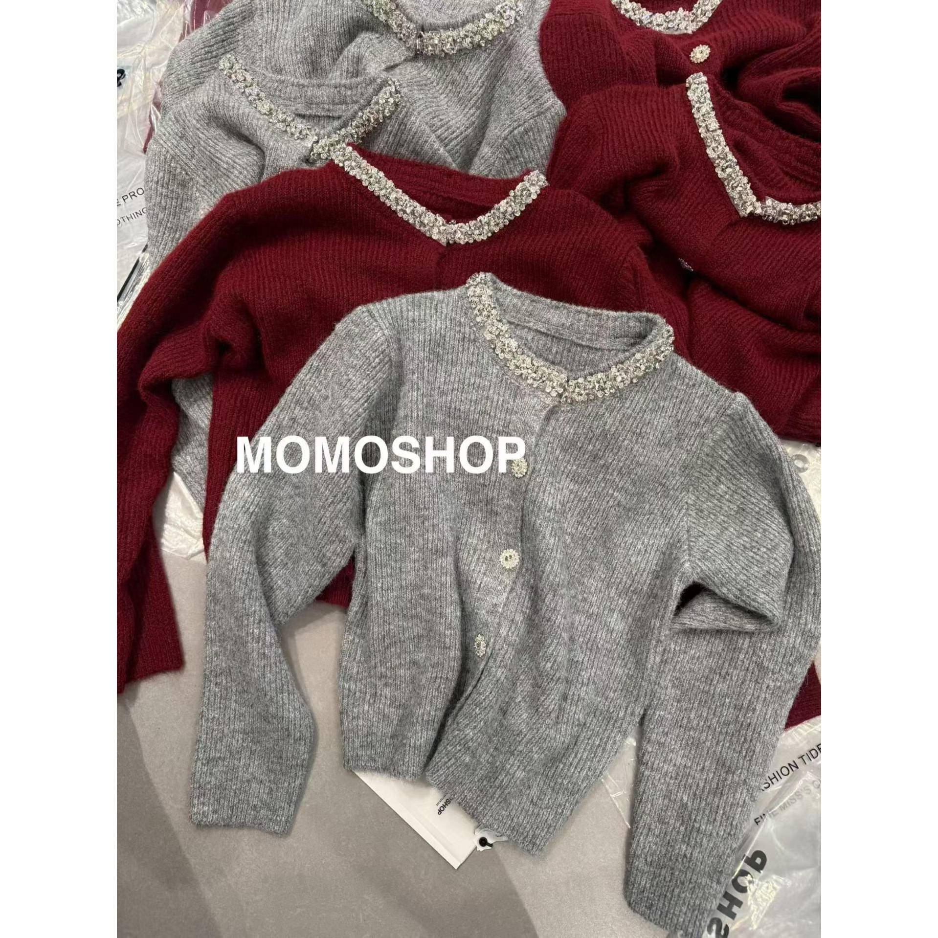 2025冬季圣诞红色毛衣外套含羊毛镶钻新年开衫针织衫上衣