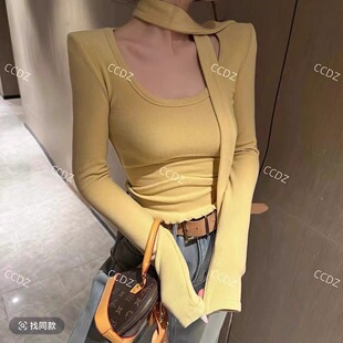 纯欲风性感辣妹飘带长袖T恤女修身慕斯羊绒打底衫短款上衣