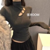 2025秋冬磨毛绒新款 设计感小心机镂空性感半高领T恤上衣女