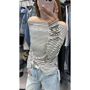 斜肩一字肩上衣不规则下摆侧开叉条纹长袖针织女2026春季新款