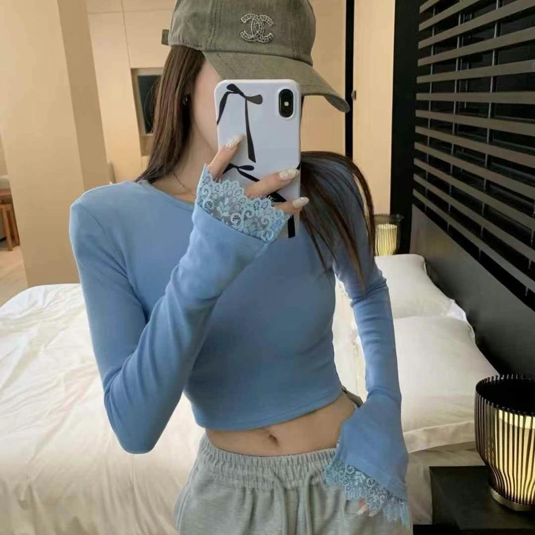 蕾丝镂空长袖T恤女2025春季新款辣妹短款小个子打底衫上衣