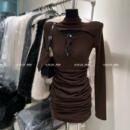 冬新款 连衣裙女 加绒内搭打底包臀短裙子纯欲风辣妹性感镂空长袖